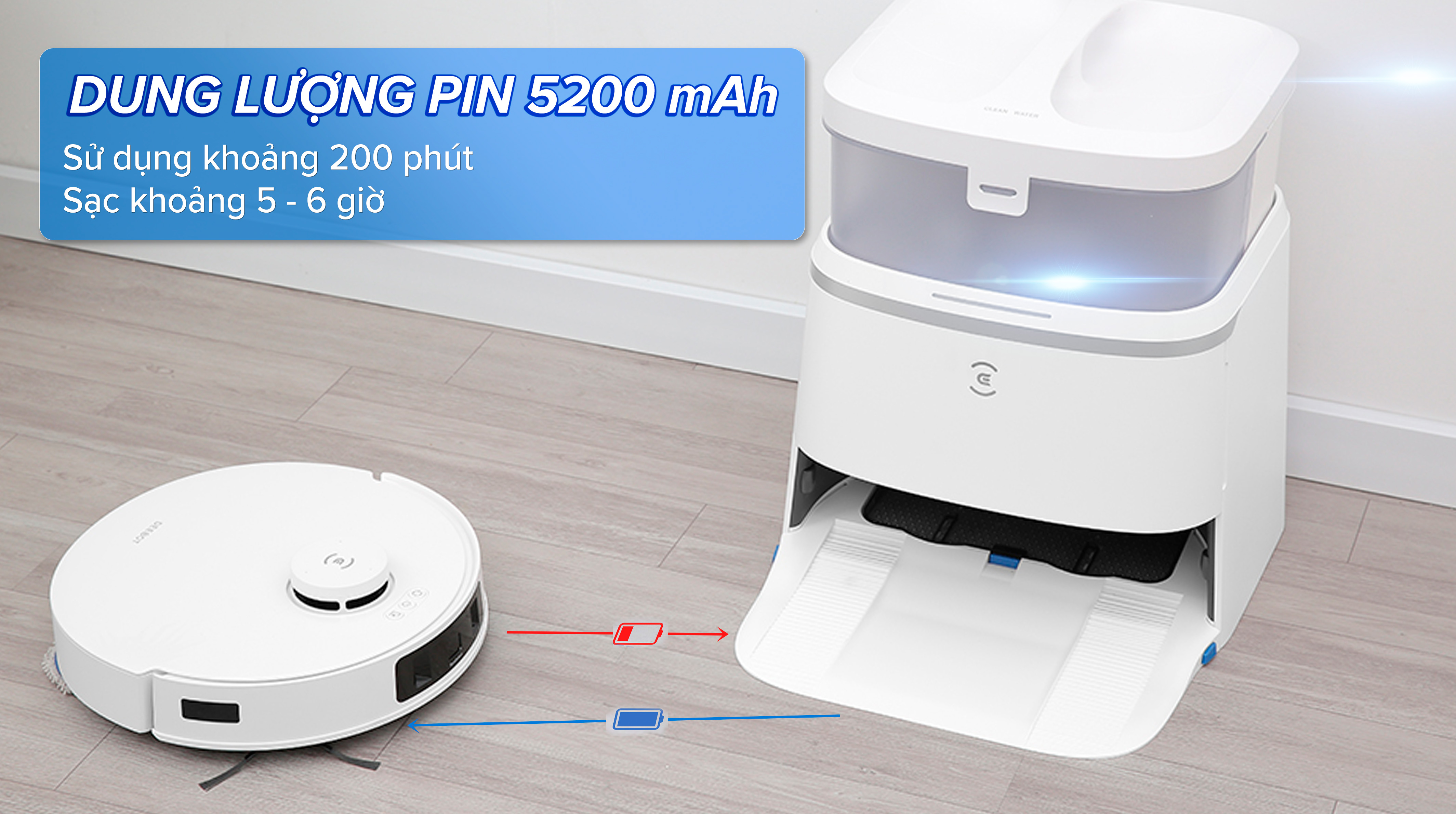Robot hút bụi lau nhà Ecovacs T30 PRO OMNI - Trắng - Dung lượng pin lớn