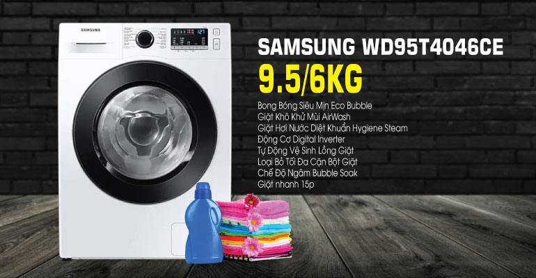 Máy giặt lồng ngang Samsung Inverter 9.5Kg+sấy 6Kg WD95T4046CE/SV