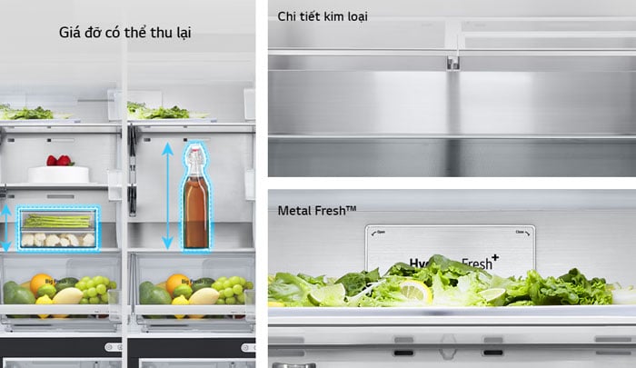 Hệ thống khay kệ, giá đỡ của tủ lạnh LG LFB53BLMI có thể điều chỉnh linh hoạt Hệ thống khay kệ, giá đỡ của tủ lạnh LG LFB53BLMI có thể điều chỉnh linh hoạt